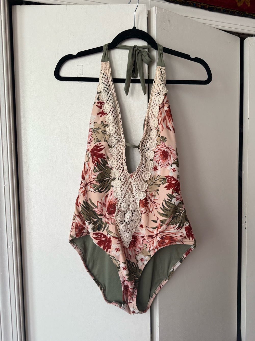 Kona Sol Pink Floral Halter One-Piece with Crochet Trim and Olive Accents